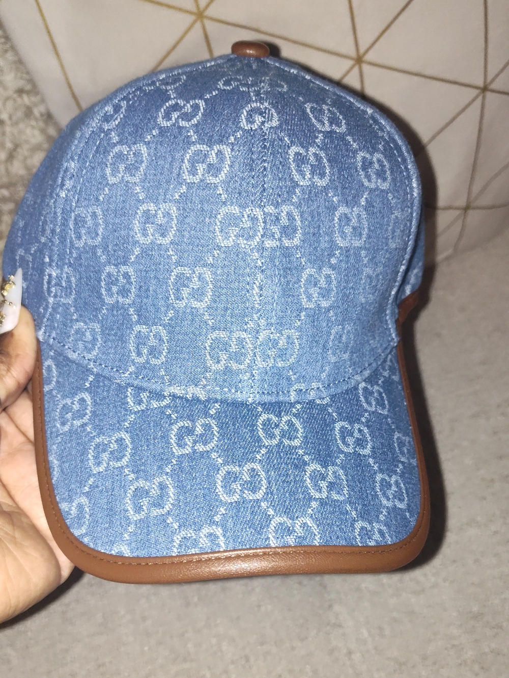 GG Light Blue Denim Monogram Baseball Cap with Brown Trim